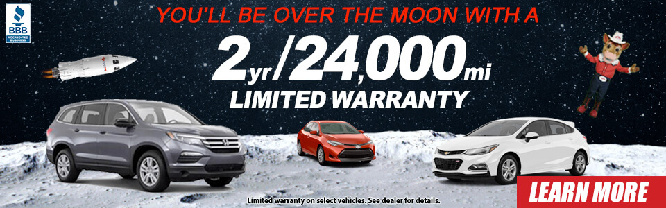 Vehicle showline on the moon with two year, 24,000 mile limited warranty.