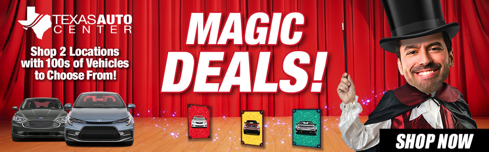 A magician stands by red curtains with two cars, colorful cards, and text promoting 